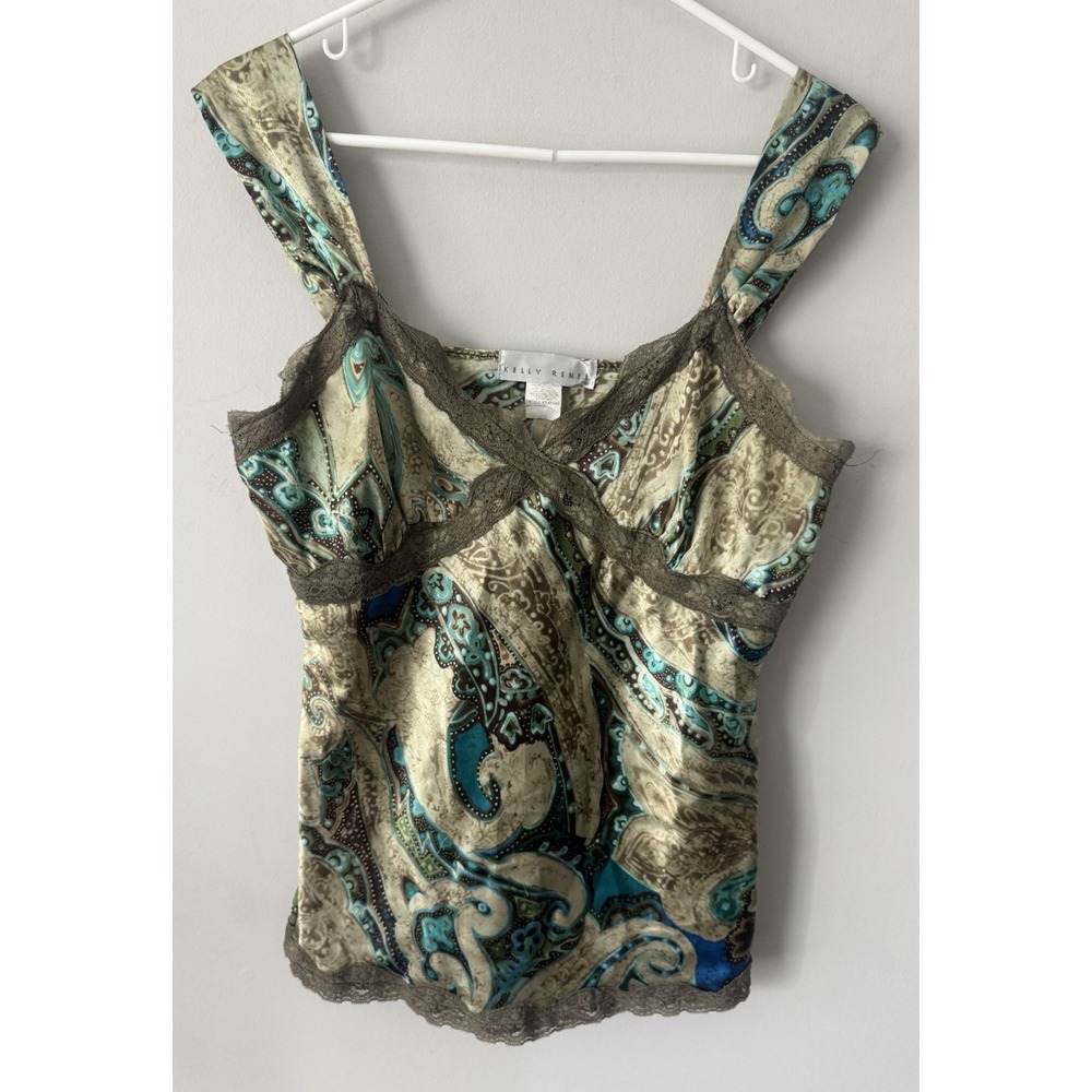 Vintage Kelly Renee Large Green Brown Paisley Satin Cami Tank Top Lace Fairy Y2K